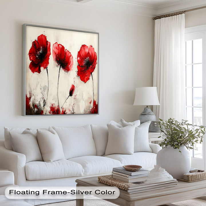 Crimson Elegance – Bold Red Poppies on Cream Flower Oil Painting