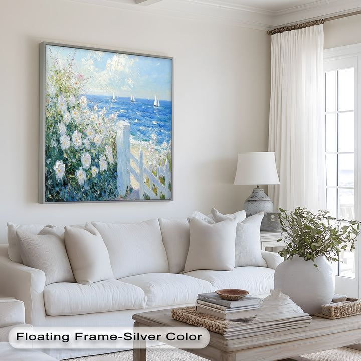 White Rose Garden with Sailboats – Impressionist Oil Painting