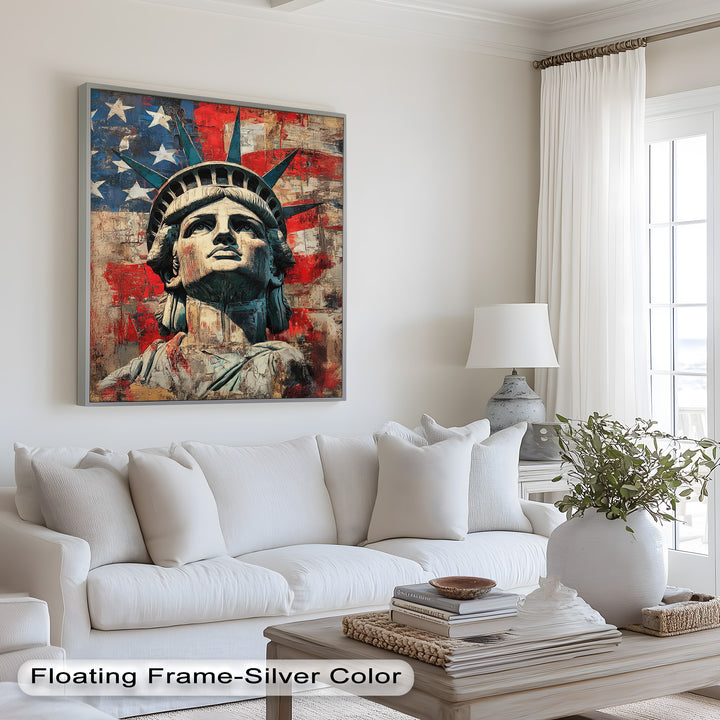 Freiheitsstatue mit amerikanischer Flagge - Patriotisches Ölgemälde