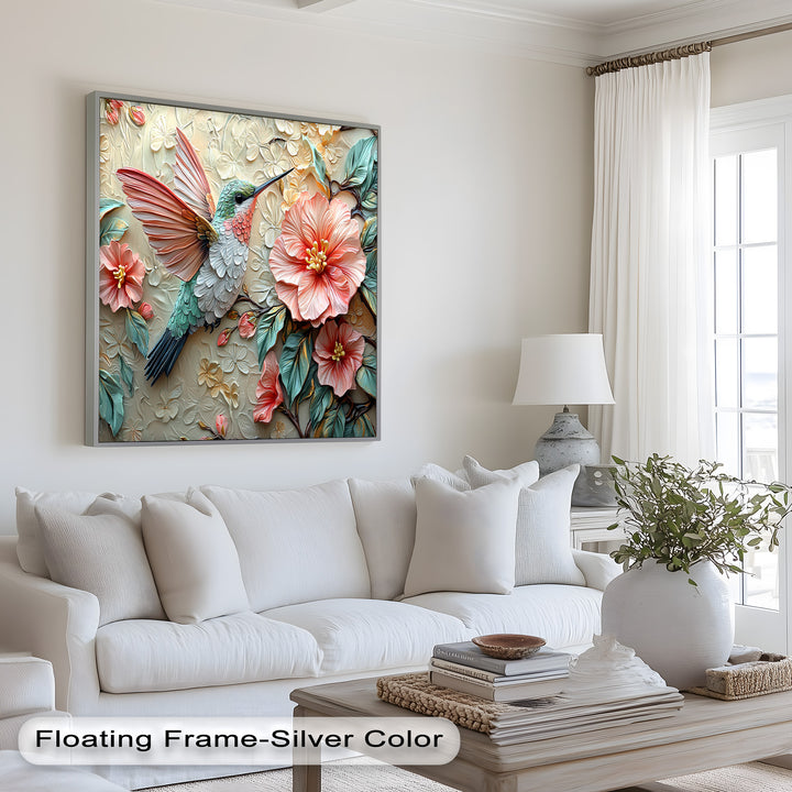 Spring Hummingbird with Pink Flowers – Framed Oil Painting