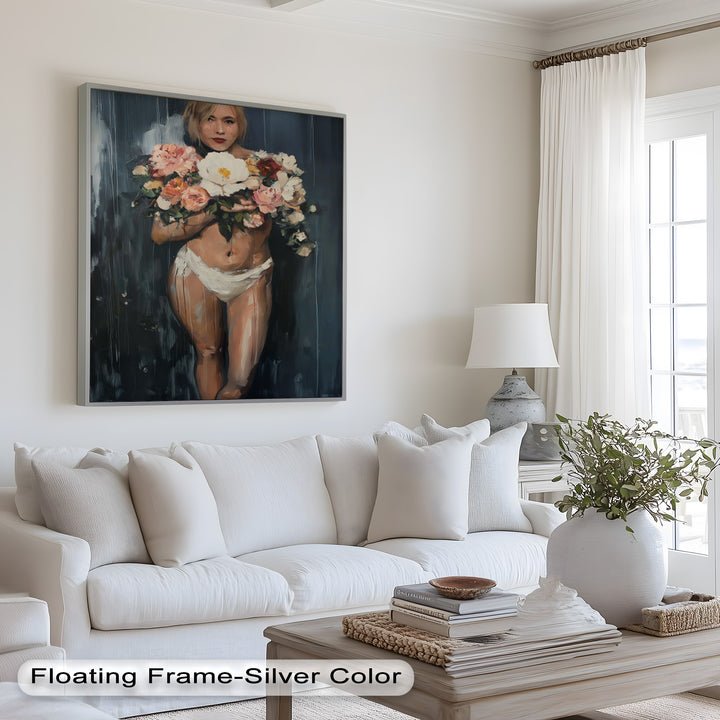 Floral Embrace – Abstract Nude with Blooming Bouquet Oil Painting