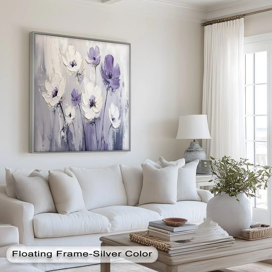 Rich surface texture defines this flower oil painting artwork, featuring the delicate brushstrokes that bring the white and purple wildflowers in soft harmony to life.