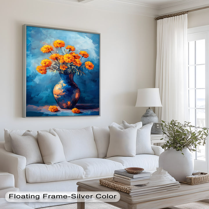 Golden Marigolds in Midnight Blue – Flower Oil Painting