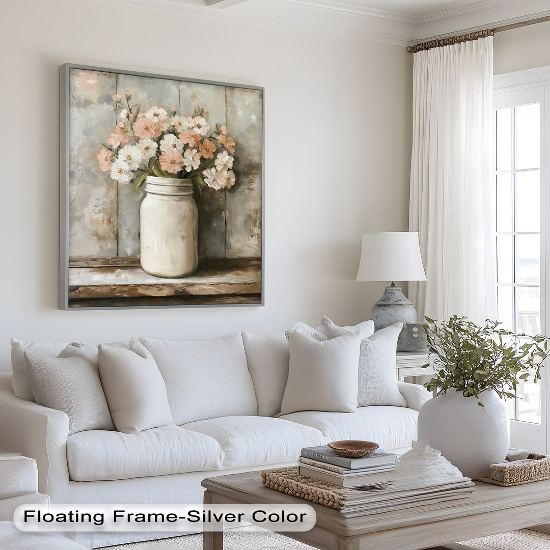 Blush & Cream Blooms – Rustic Mason Jar Flower Oil Painting