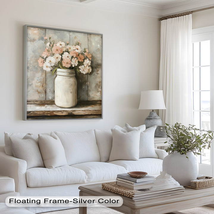 Blush & Cream Blooms – Rustic Mason Jar Flower Oil Painting