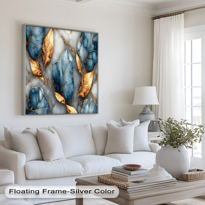 Golden Blue Marble Leaves – Botanical Oil Painting