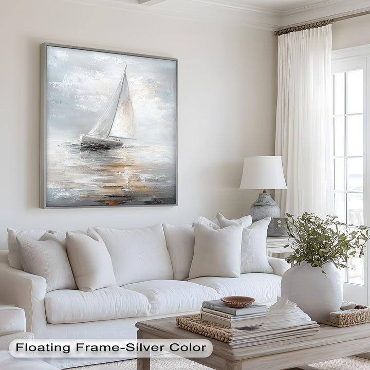 Sailing Through the Mist – White Boat Oil Painting