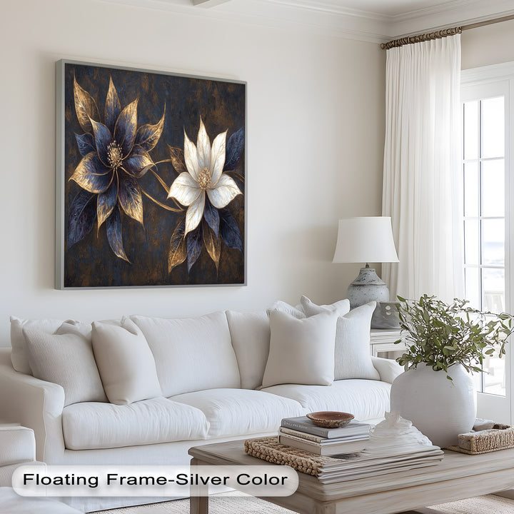 Blue Floral Stained Art – Botanical Oil Painting