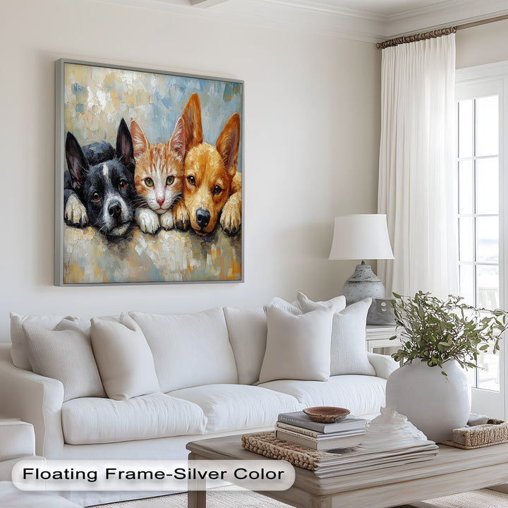 Cat and Dogs Resting Together - Animal Oil Painting