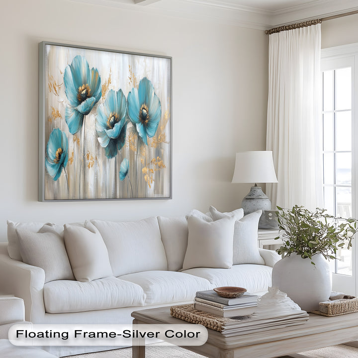 Blue Poppies with Metallic Accents - Flower Oil Painting
