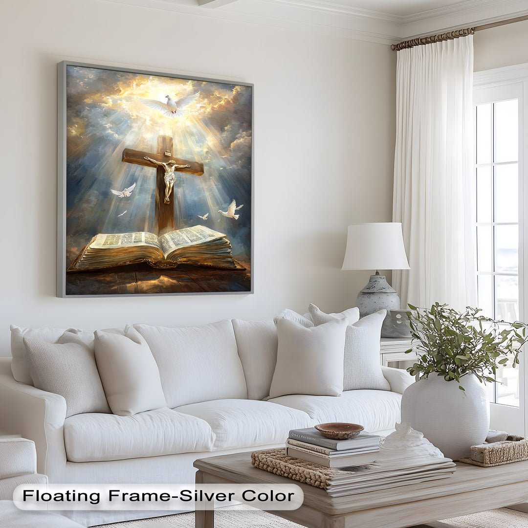 Jesus on the Cross with Open Bible and Doves - Oil Painting