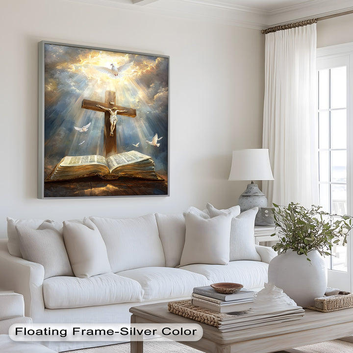 Jesus on the Cross with Open Bible and Doves - Oil Painting