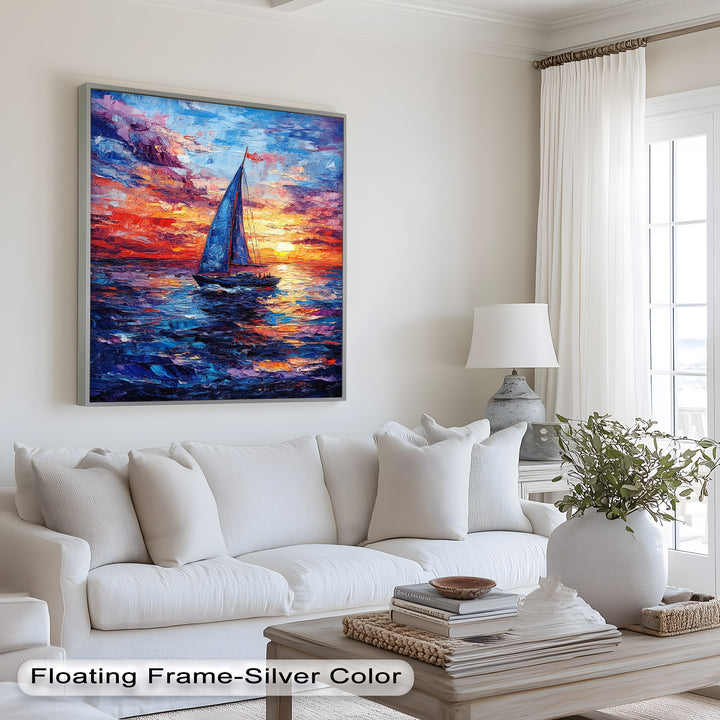Crimson Horizon – Sunset Voyage Boat Oil Painting