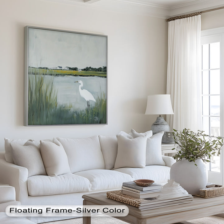 Egret by the Marsh – Minimalist Landscape Oil Painting