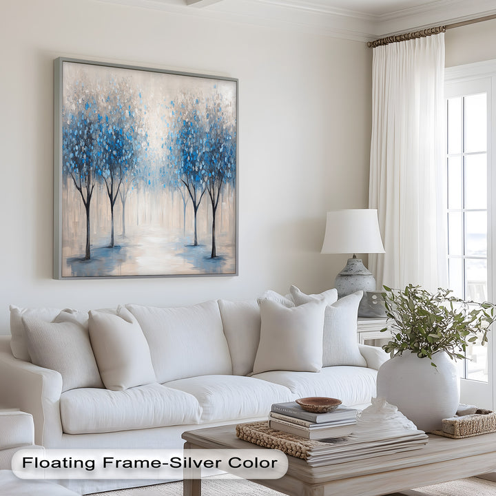 Misty Blue Blossom Trees Wall Art – Floral Oil Painting