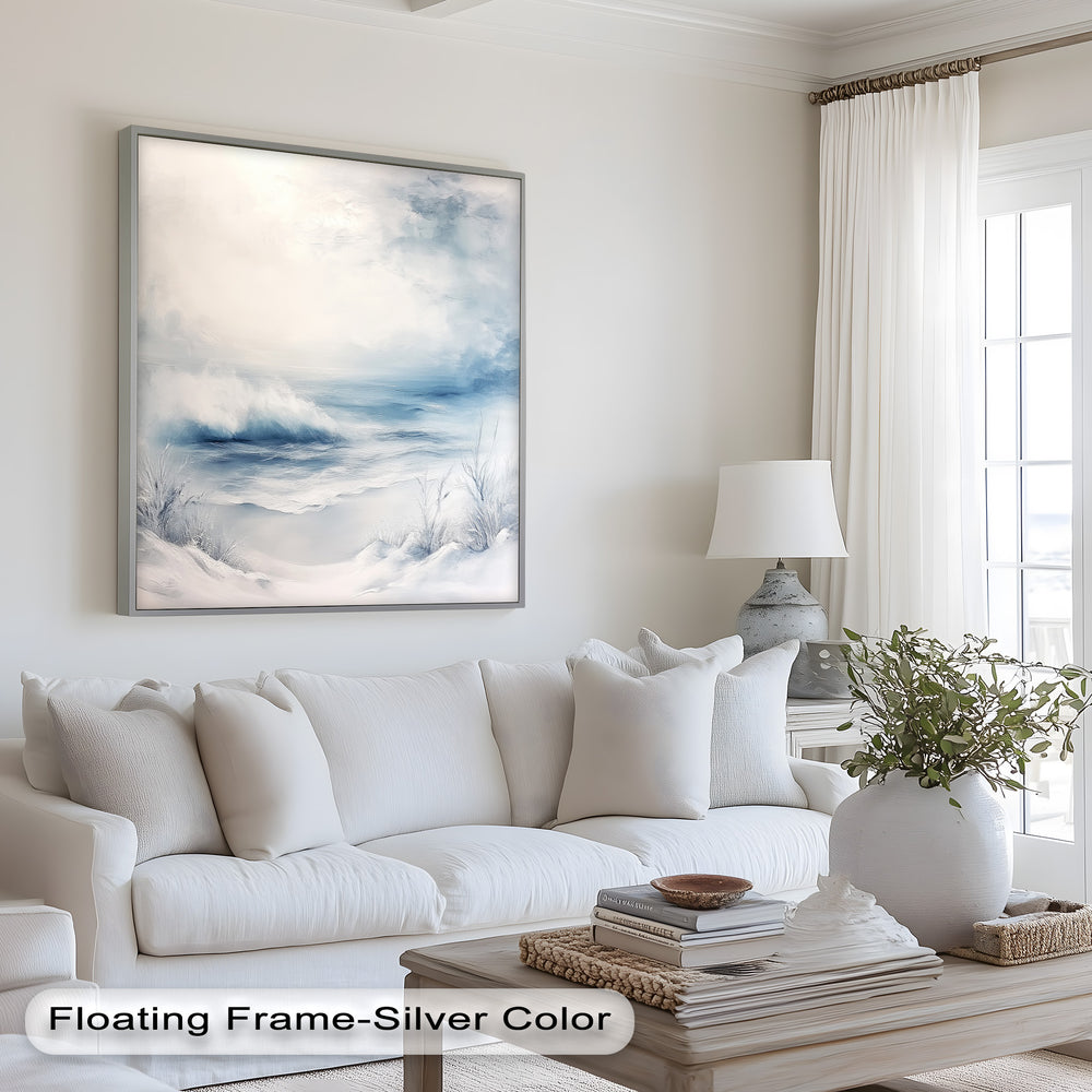 Rendered in delicate shades of white, blue, and gray, the artwork evokes serenity and solitude, perfect for minimalist and tranquil spaces.