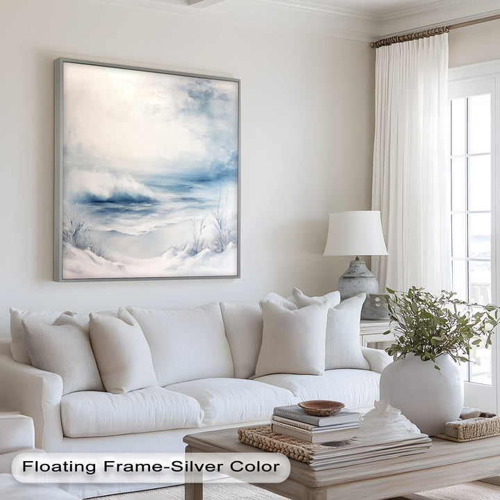 Rendered in delicate shades of white, blue, and gray, the artwork evokes serenity and solitude, perfect for minimalist and tranquil spaces.
