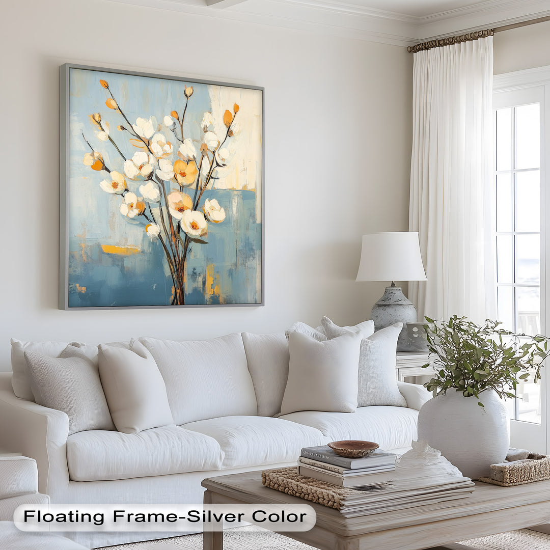 Golden Magnolia – White and Amber Blossoms Flower Oil Painting