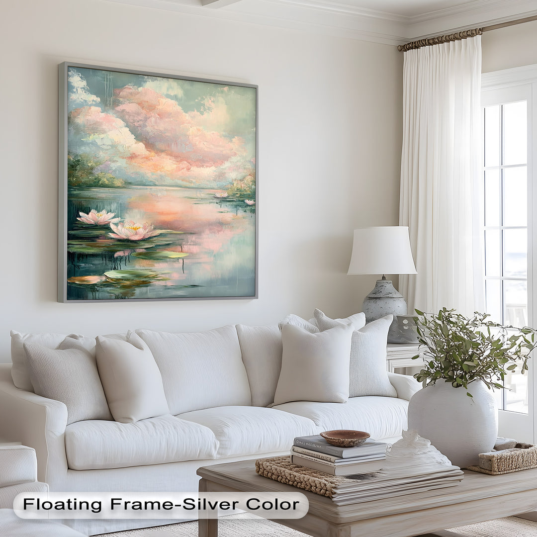 Pastel Water Lilies in Tranquil Lake - Flower Oil Painting