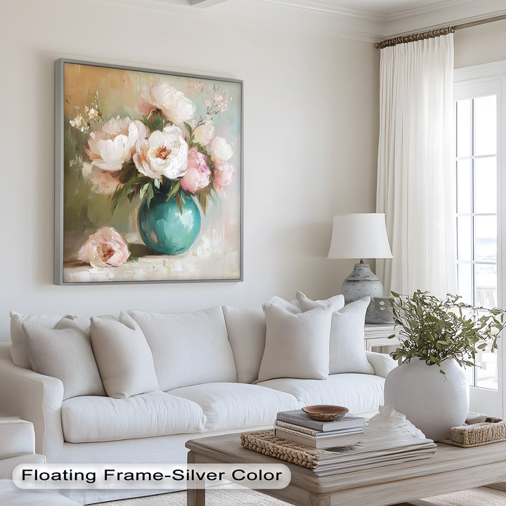 Blushing Peonies in Jade Vase – Romantic Flower Oil Painting