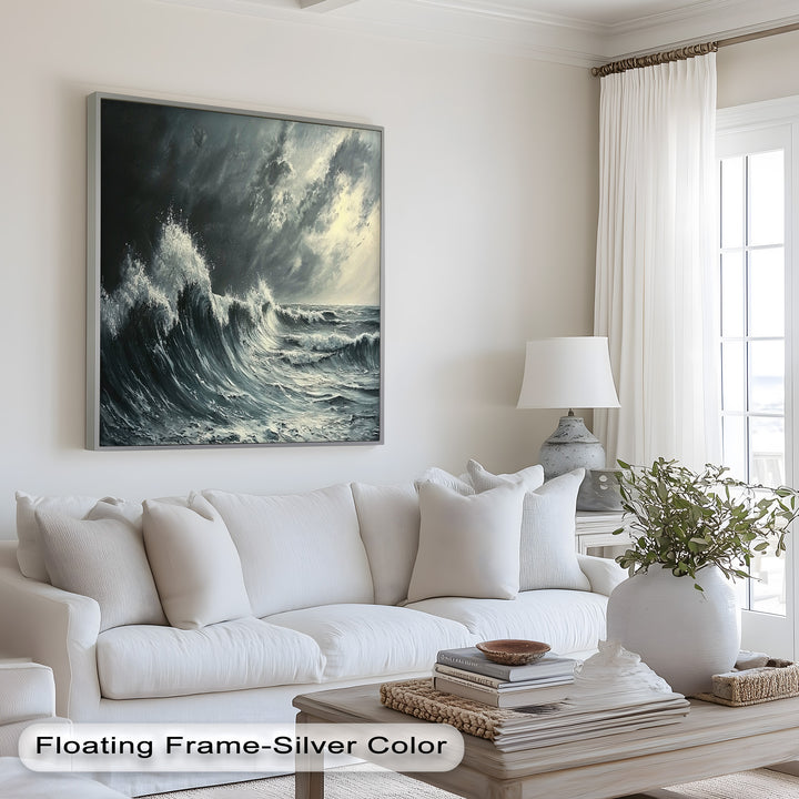 A striking portrayal of nature’s might, this stormy ocean scene reflects the fierce beauty of water and sky in perfect harmony.