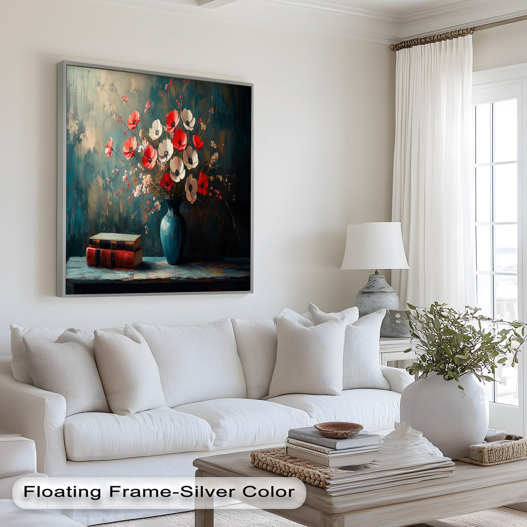 Vibrant Floral Vase with Books – Botanical Oil Paintings