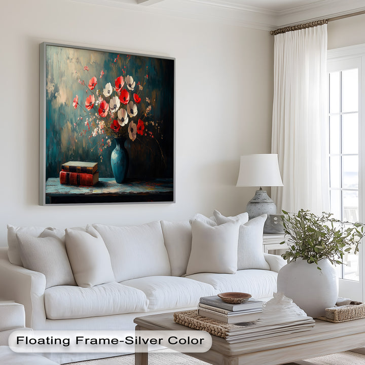 Vibrant Floral Vase with Books – Botanical Oil Paintings