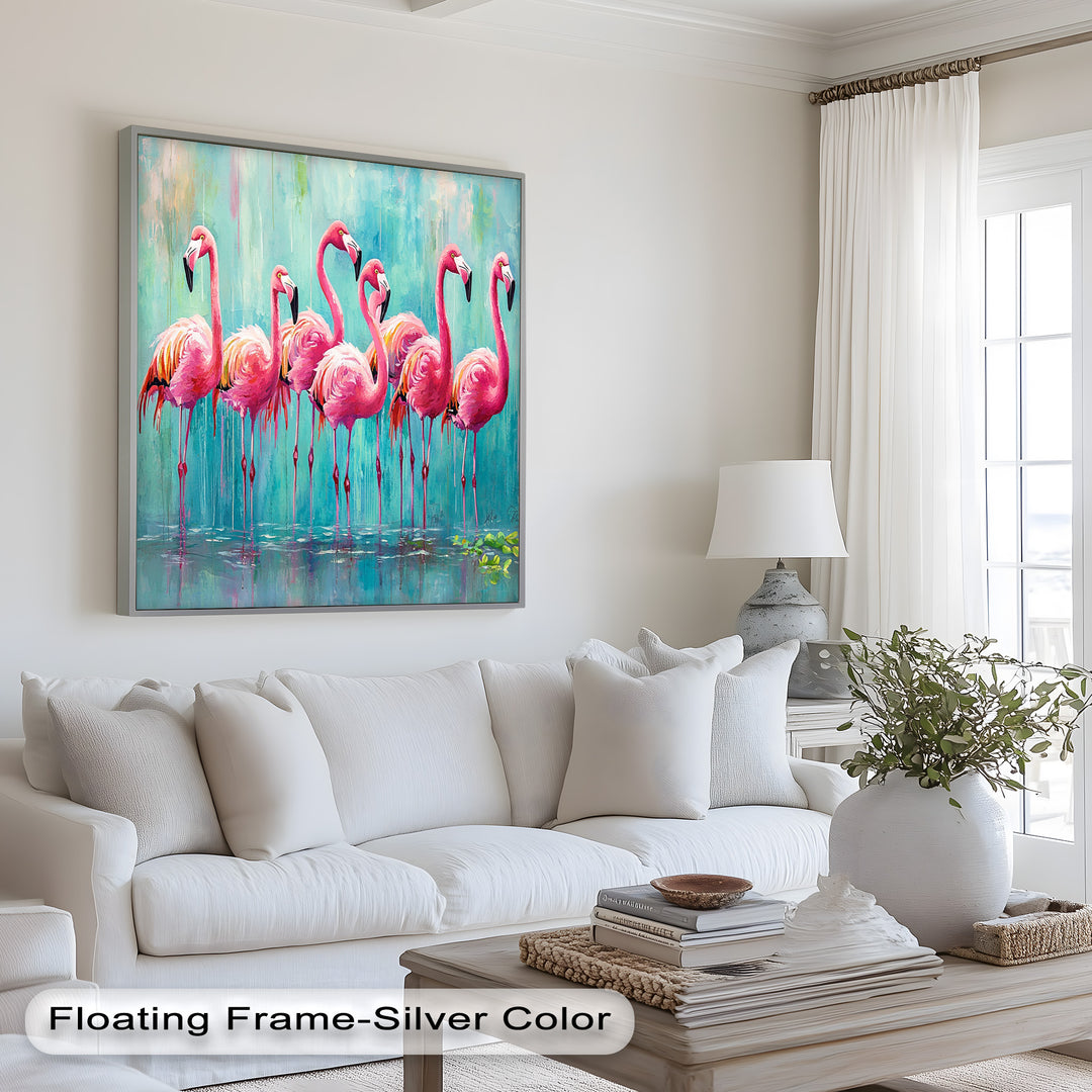 Flamingoschwarm auf dem Wasser – Tierölgemälde