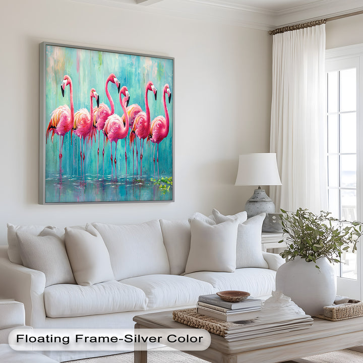 Flamingoschwarm auf dem Wasser – Tierölgemälde