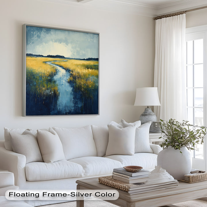 Golden Fields and Blue Stream – Contemporary Landscape Oil Painting