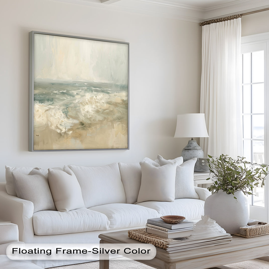 A dreamy, minimalist seascape painting capturing the motion of ocean waves blending seamlessly into the horizon with warm beige and cool blue hues.