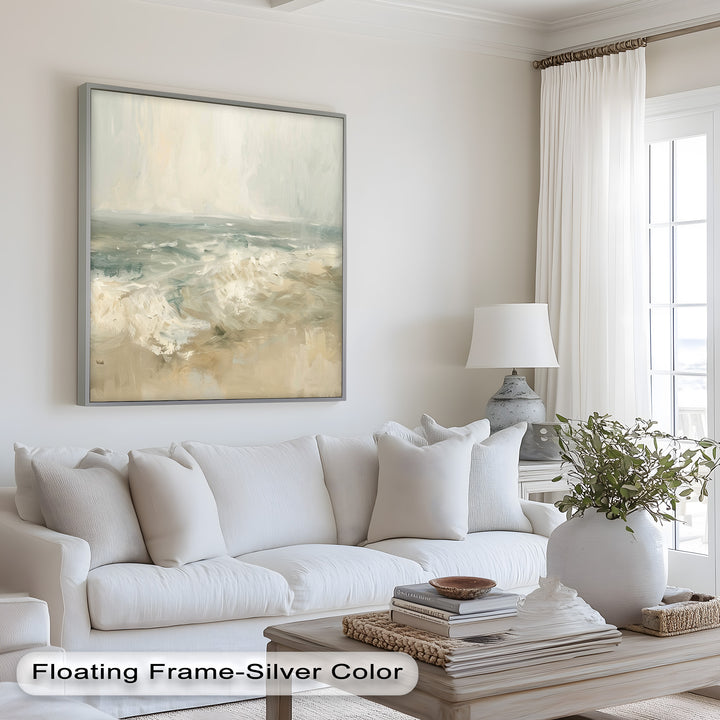 A dreamy, minimalist seascape painting capturing the motion of ocean waves blending seamlessly into the horizon with warm beige and cool blue hues.
