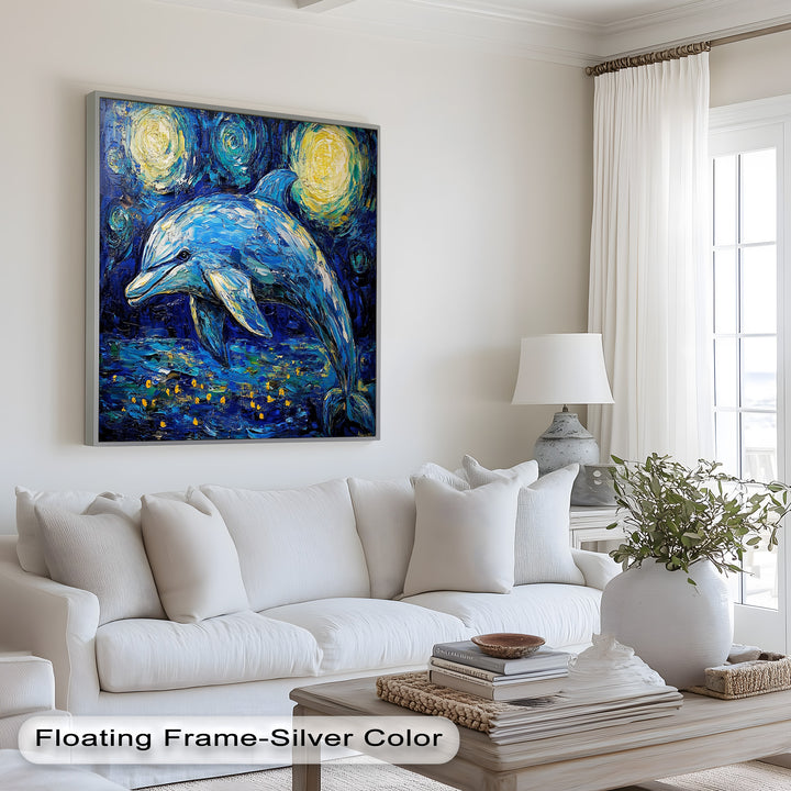 Starry Night Dolphin in Ocean Dreamscape – Animal Oil Painting