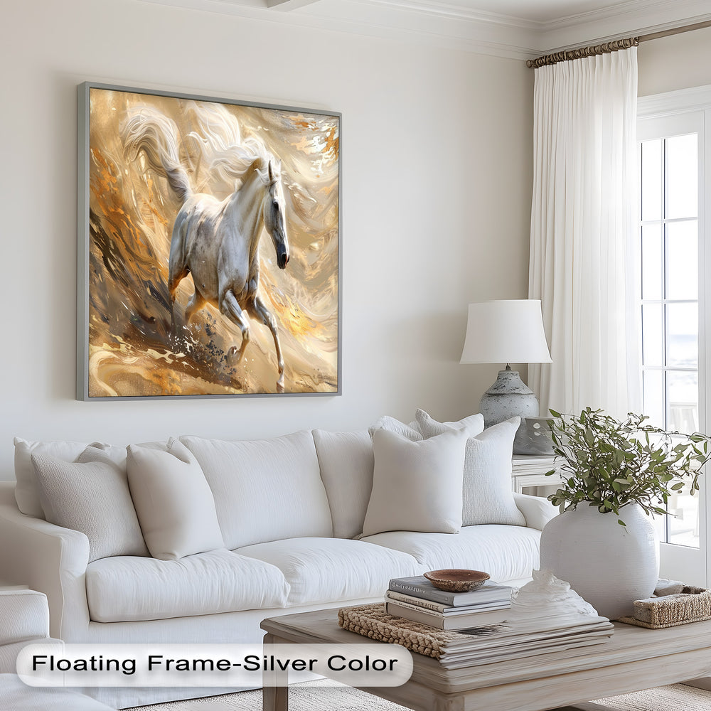 A breathtaking equine artwork showcasing a spirited stallion in mid-stride, surrounded by abstract golden waves that convey energy and strength.