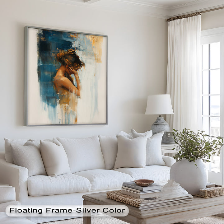 Veil of Thought – Introspective Woman in Blue and Gold Abstract Oil Painting
