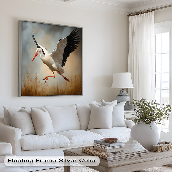 Stork in Flight over Golden Grasses – Animal Oil Painting