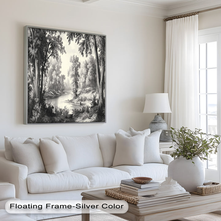 Zeitloser Waldfluss – Monochromes Landschaftsölgemälde