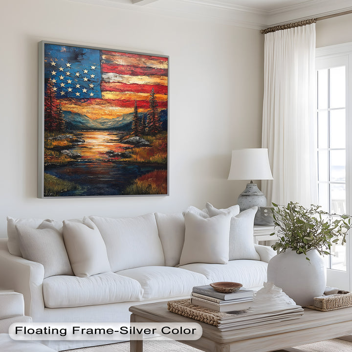 Amerikanische Flagge Sonnenuntergang Landschaft - Patriotisches Ölgemälde