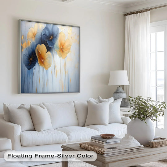 Visual rhythm is created through the alternating blue and yellow hues in this framed modern oil painting art, adding movement to the floral design.