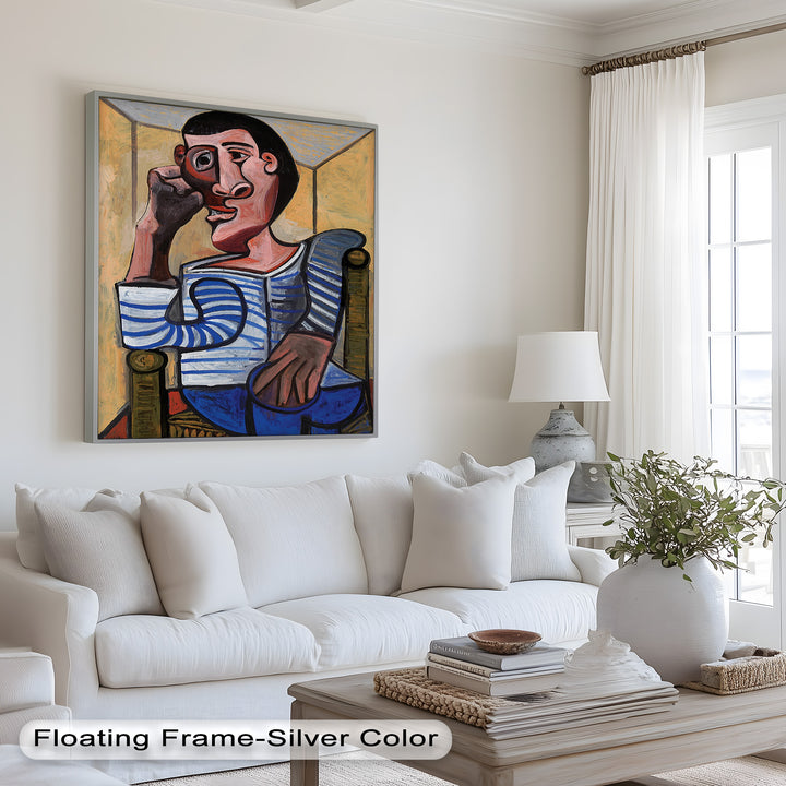 Melancholy in Stripes – Seated Man with Blue Shirt Picasso Oil Painting