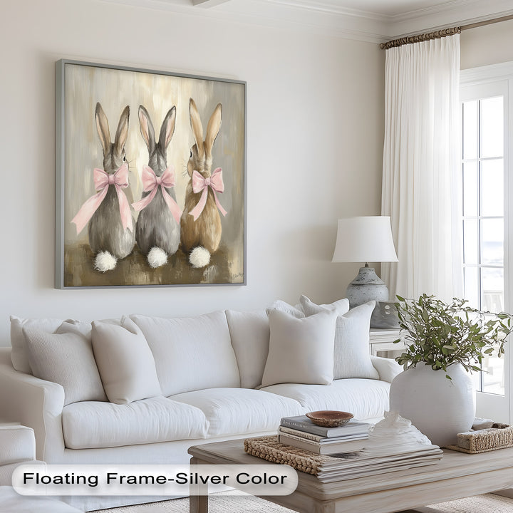 Trio of Bunnies with Pink Bows – Animal Oil Painting