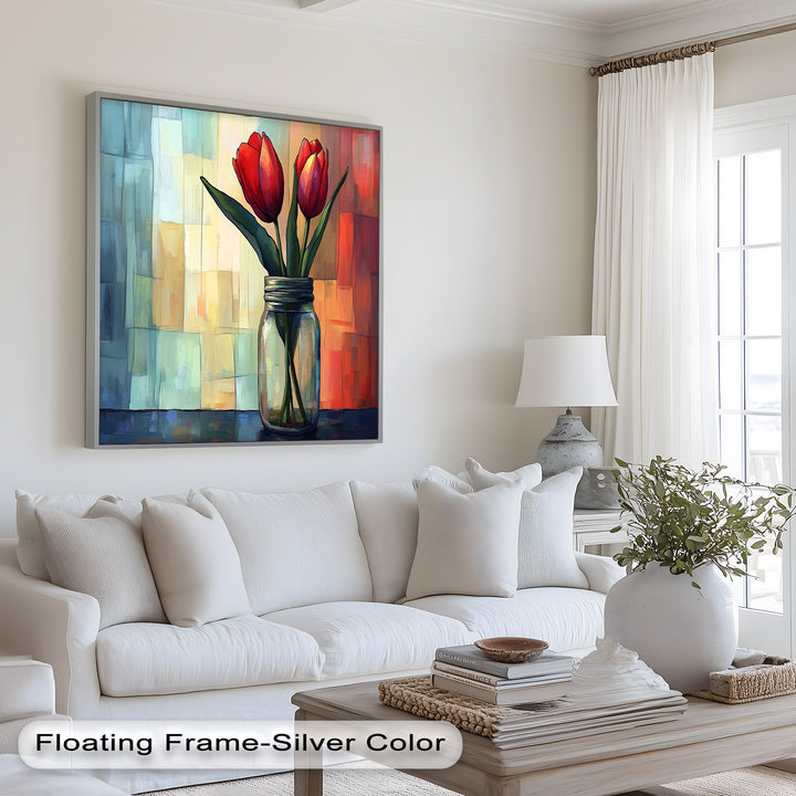 Red and Orange Tulips in Glass Vase – Bold Floral Oil Painting