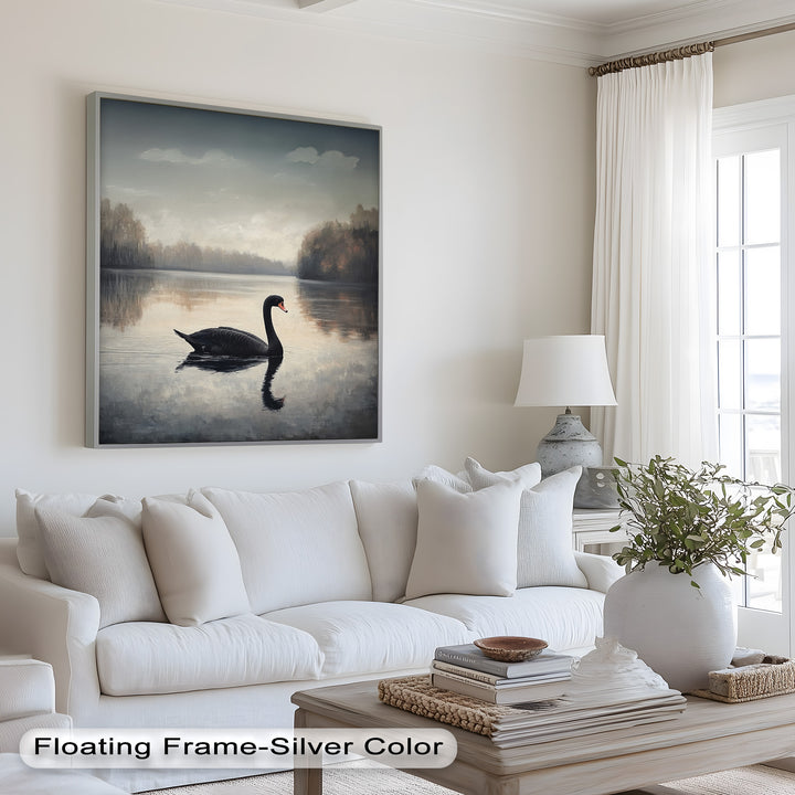 Black Swan at Dusk – Lake Scene Oil Painting