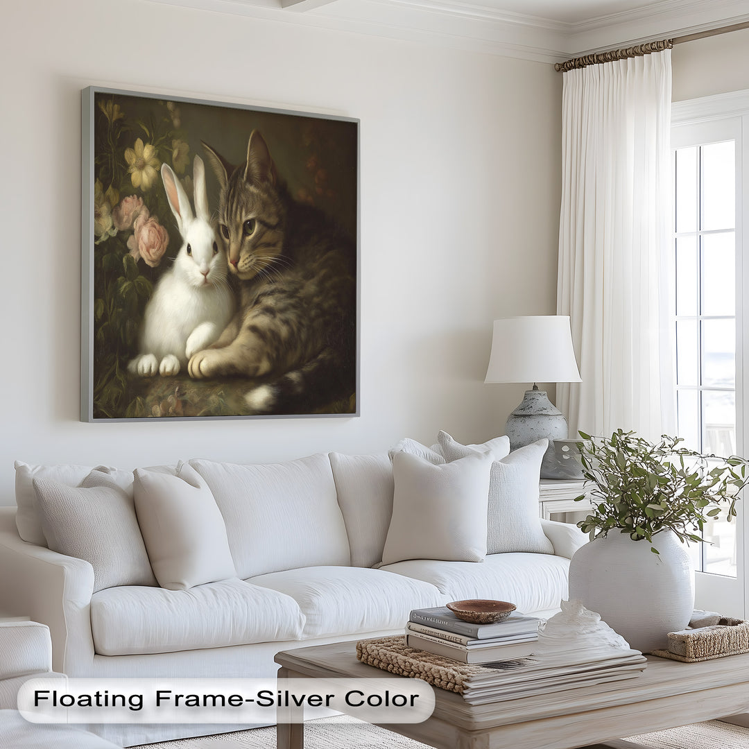 Cat and Rabbit in Floral Harmony - Animal Oil Painting