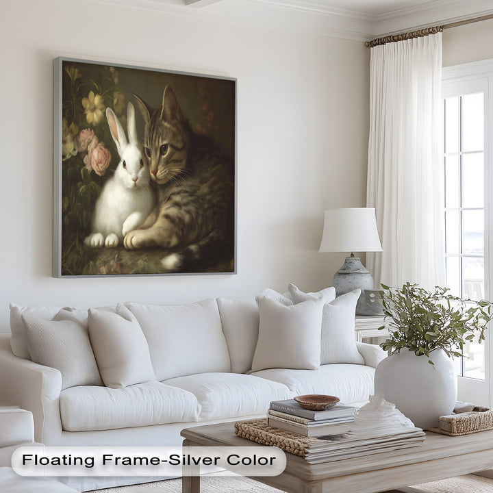 Cat and Rabbit in Floral Harmony - Animal Oil Painting