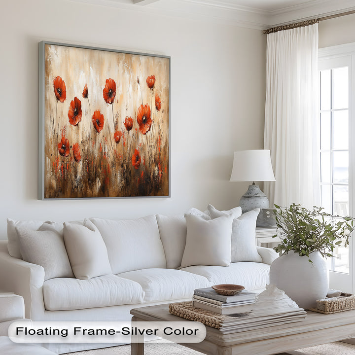 Fiery Meadow – Scarlet Poppies in Earth-Toned Field Flower Oil Painting