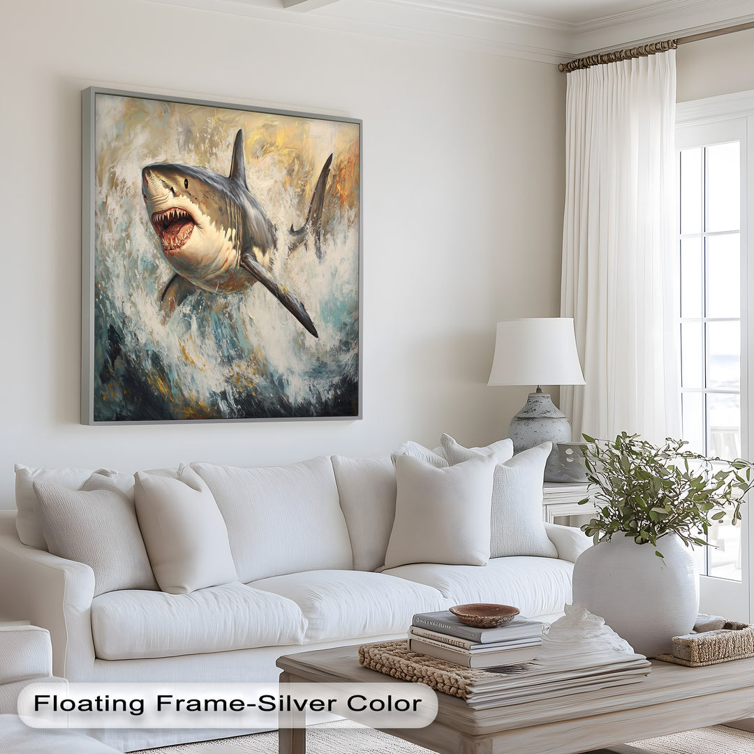 Ferocious Great White Shark Leaping Through Waves - Animal Oil Painting