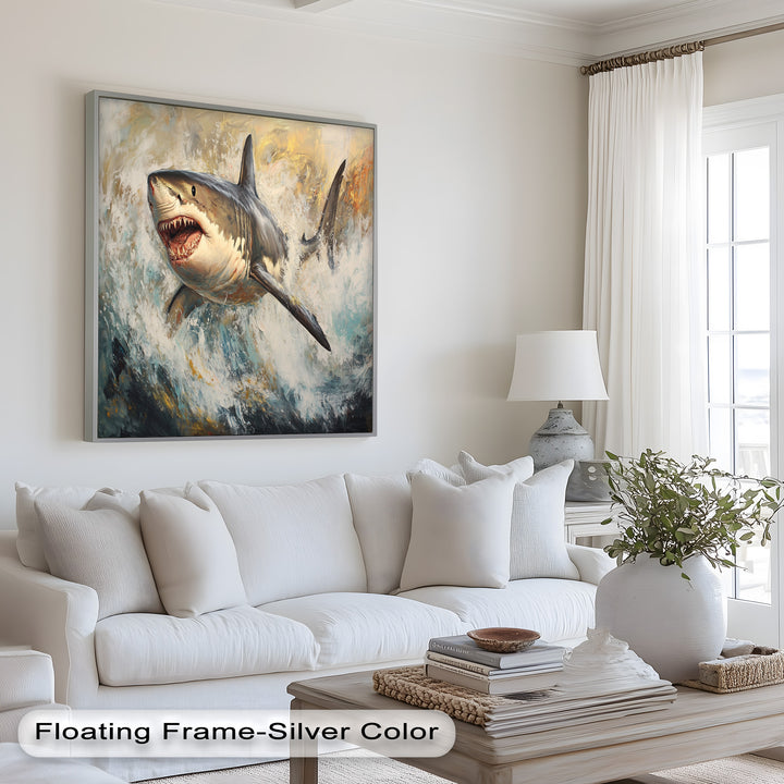 Ferocious Great White Shark Leaping Through Waves - Animal Oil Painting