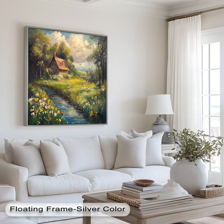 Tranquil nature artwork depicting a cottage, lush greenery, and a gentle brook.
