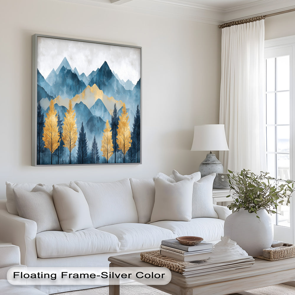 This modern oil painting beautifully blends deep blue mountain silhouettes with radiant golden peaks and trees. The textured brushstrokes and rich color contrast make this framed wall art a sophisticated statement piece for any décor.